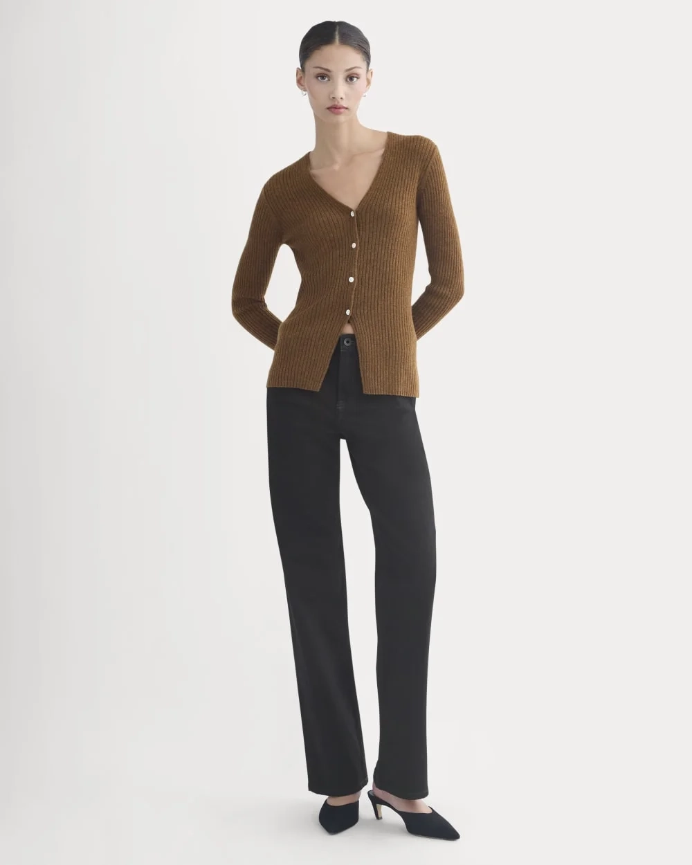 Cashmere Ribbed V-Neck Cardigan | Heathered Toffee (2)