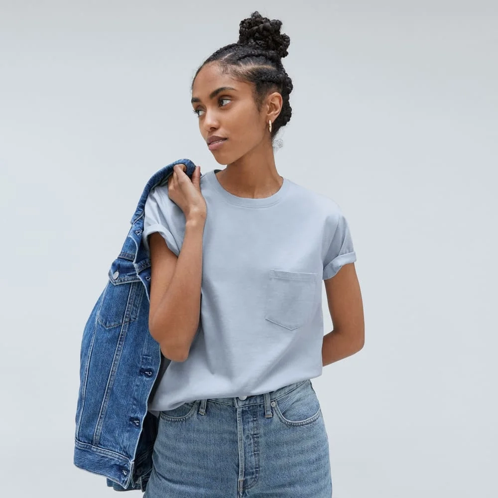 The Box-Cut Tee in Essential Cotton | Mist | Pocket (2)