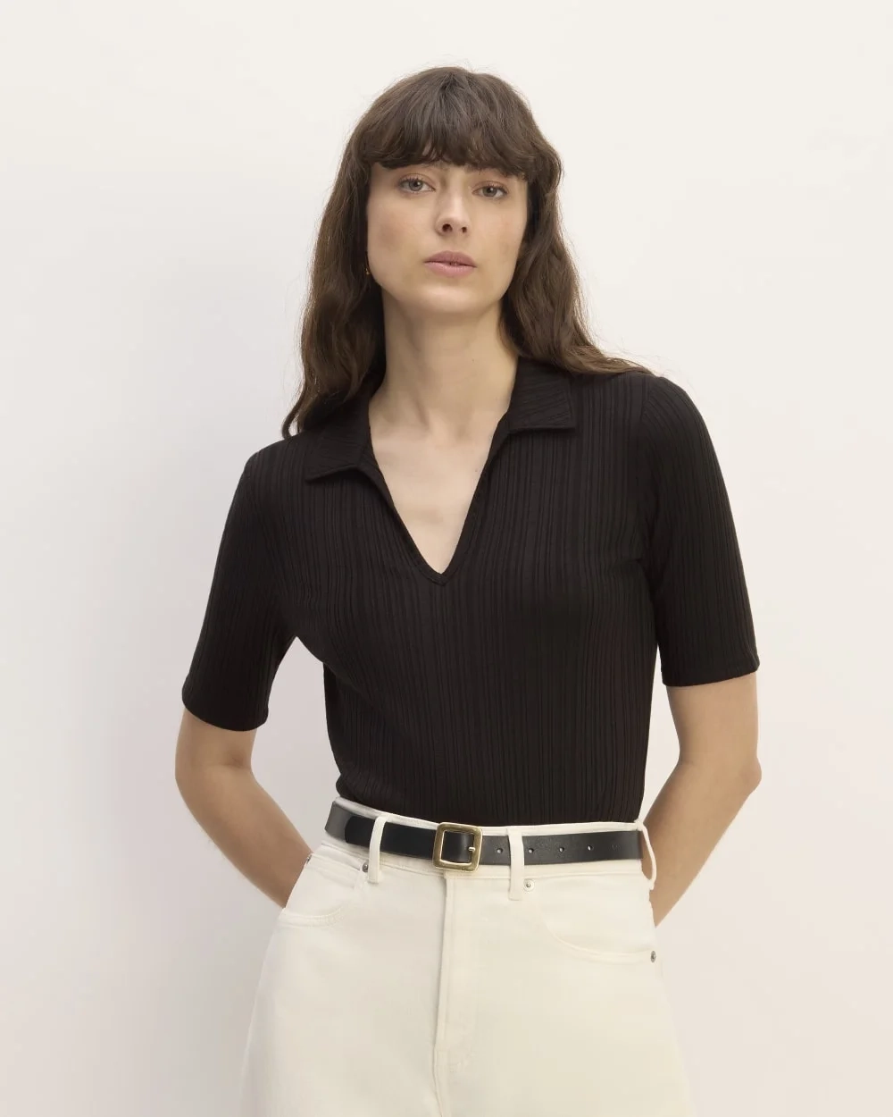 The Rib Soft Knit Open Collar Polo | Black