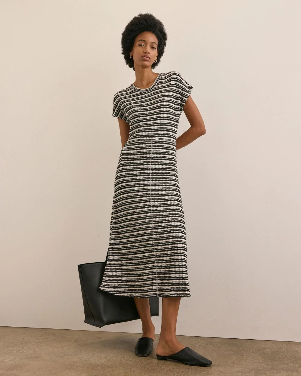 The Rib-Knit Cap-Sleeve Midi Dress | Bone / Black (2)