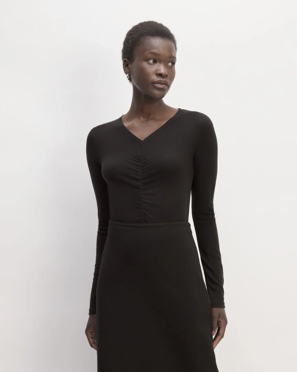 The Ruched V-Neck Tee in Butterluxe | Black