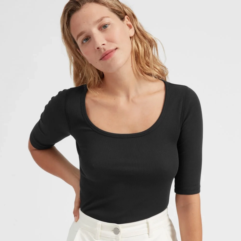 The Luxe Micro-Rib Scoop-Neck Tee | Black (2)