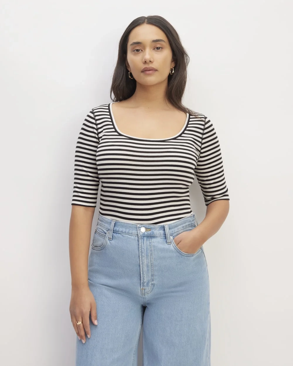 The Luxe Rib Scoop-Neck Tee | Bone / Black