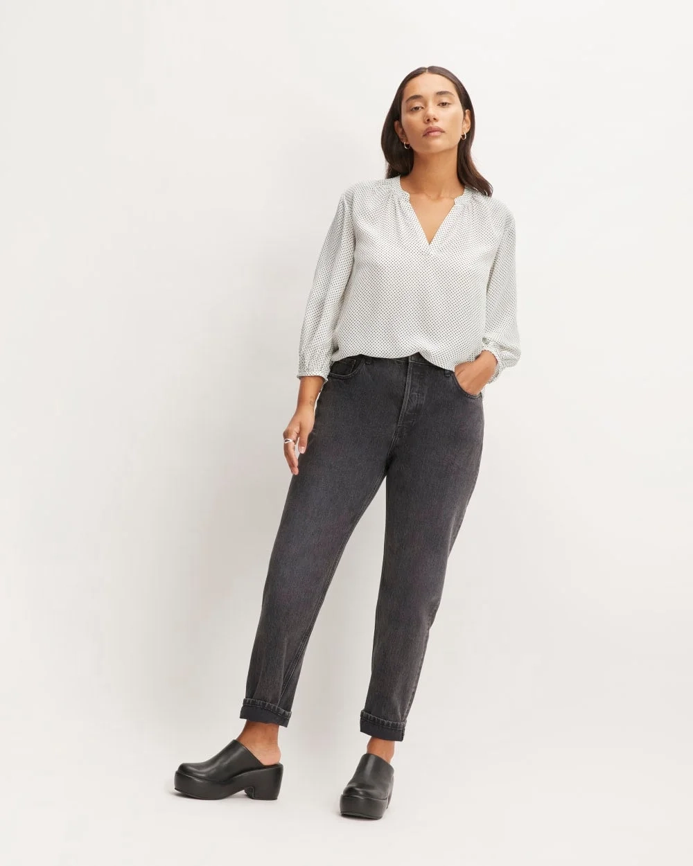 The Washable Clean Silk V-Neck Top | Bone / Black Polka Dot (2)