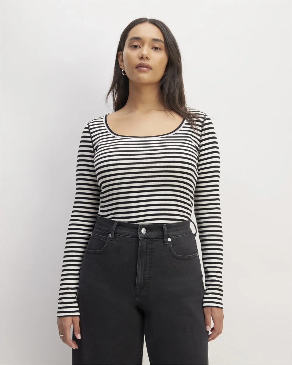The Luxe Rib Long-Sleeve Scoop-Neck Tee | Bone / Black (2)