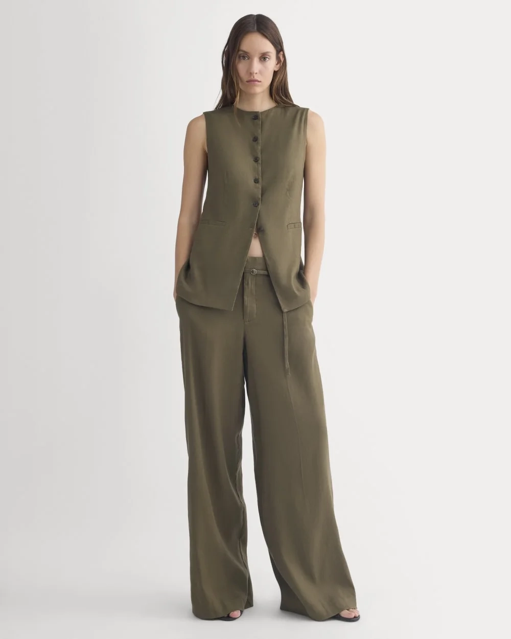 Long Vest in Stretch Linen | Beech (2)