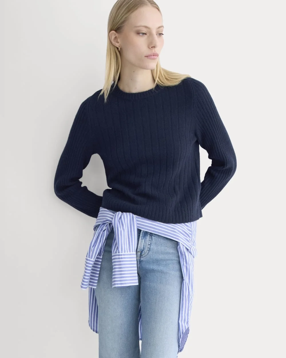 Mix Ribbed Crew in Cashmere | Navy (2)