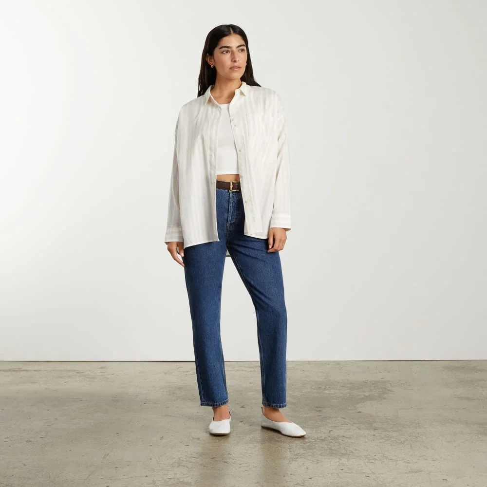 The Oversized Silky Cotton Shirt | Sand / White (2)