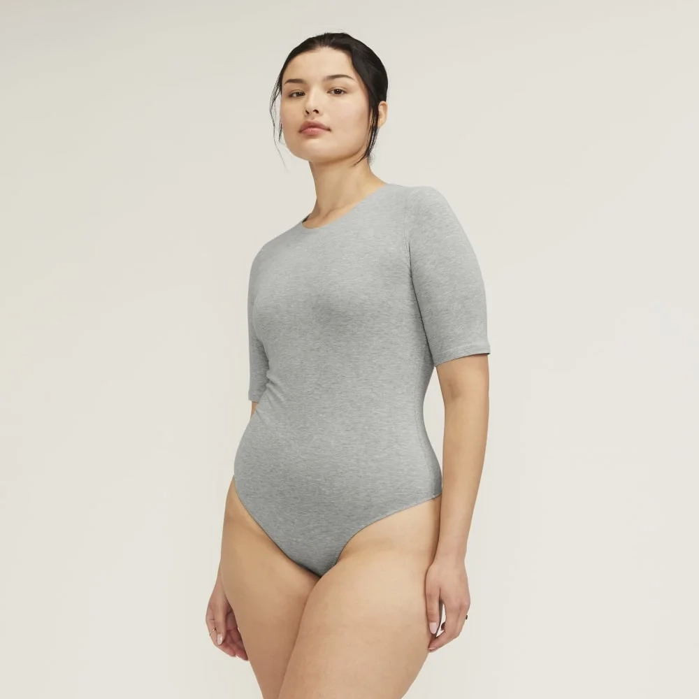 The Short-Sleeve Crew Neck Bodysuit | Heathered Grey | Thong (2)