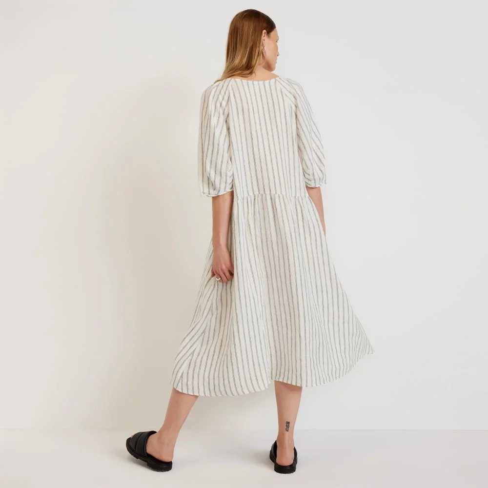 The Linen Oversized Puff-Sleeve Dress | Black / Canvas Tan (2)