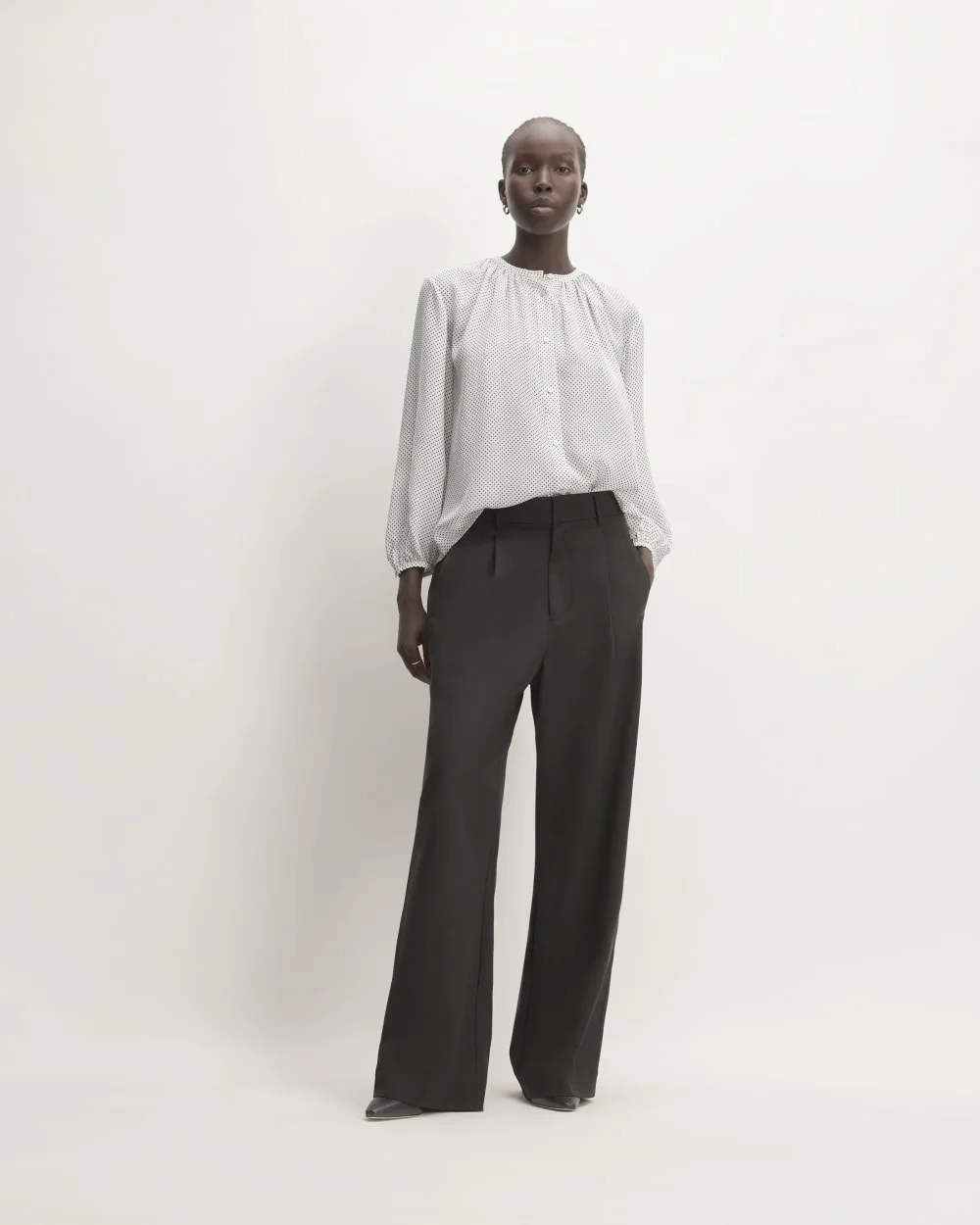 The Washable Clean Silk Shirred Blouse | Bone / Black Polka Dot (2)