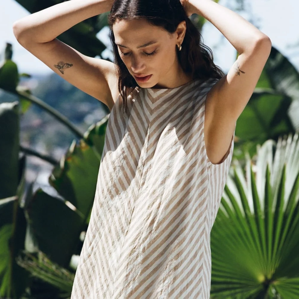 The Linen Bias Cut Dress | Bone / Caramel (2)