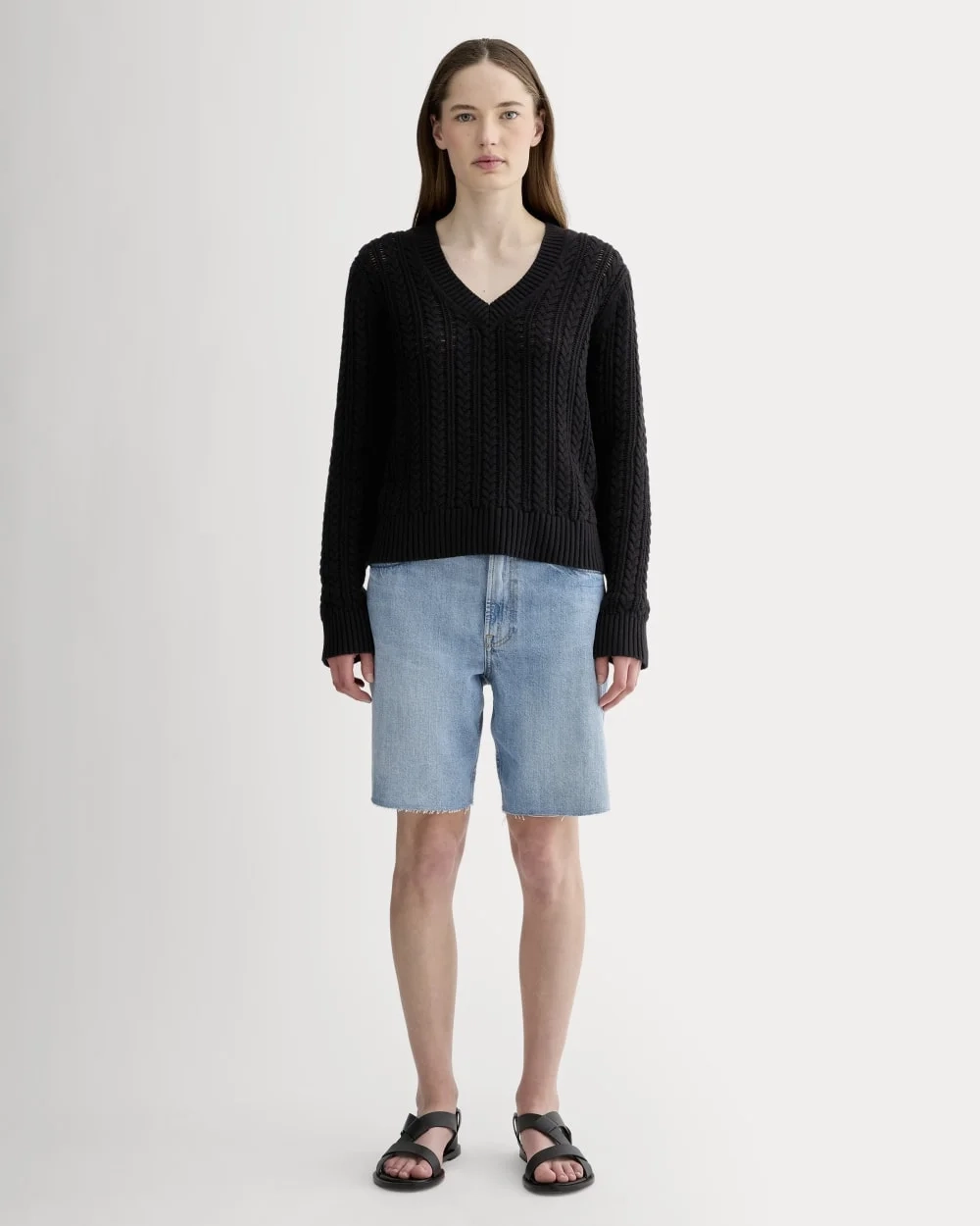 The Mesh Cable V-Neck in Everyday Cotton | Black (2)