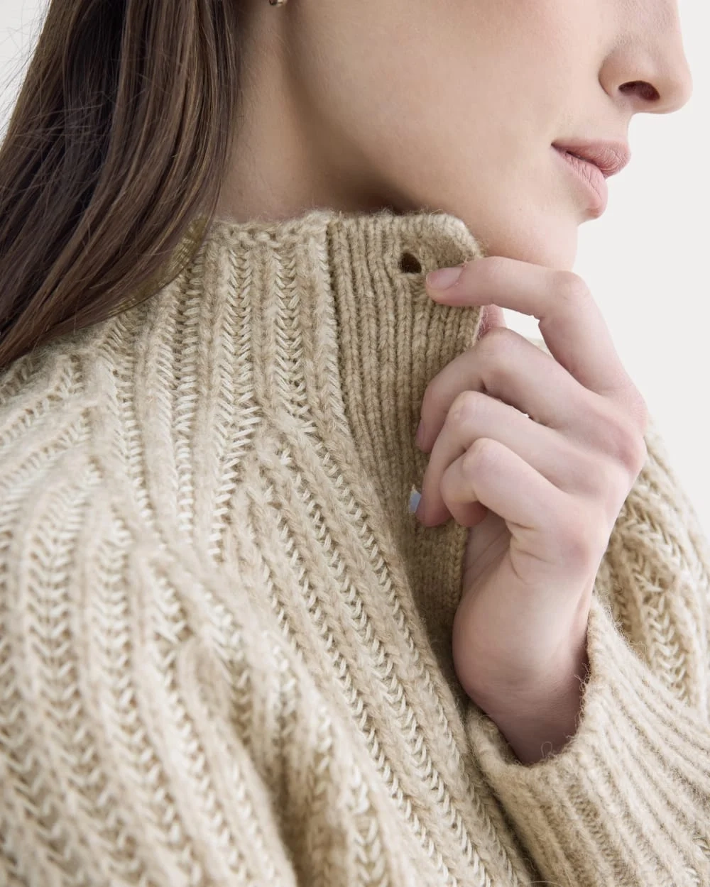 Funnel-Neck Ribbed Henley Sweater | Heathered Almond / Bone Vertical Stripe (2)
