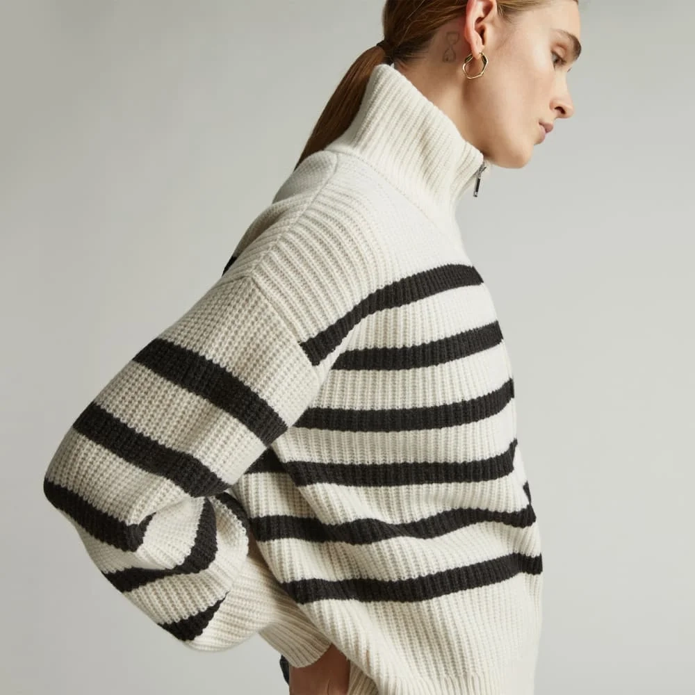 The Half-Zip Sweater in Luxe Merino | Bone / Black (2)