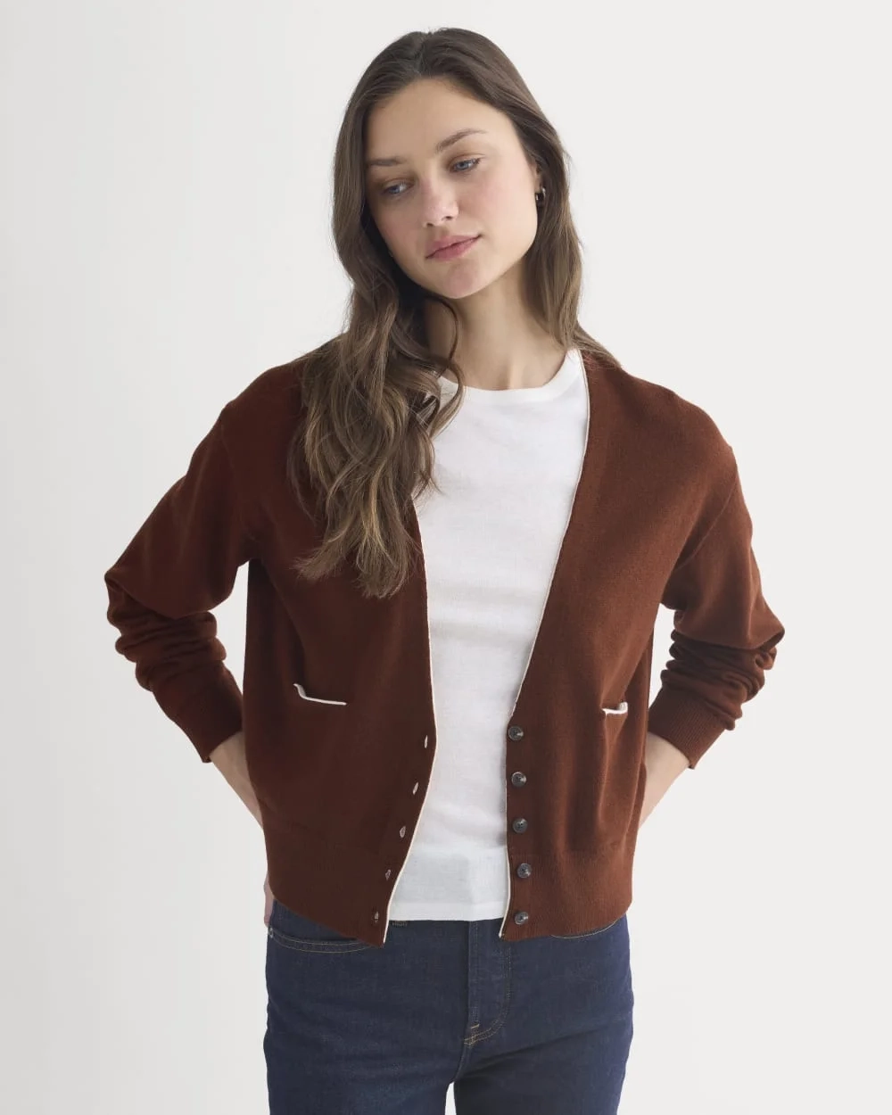 Deep V-Neck Cardigan in Cotton Merino | Whipped Cream (2)