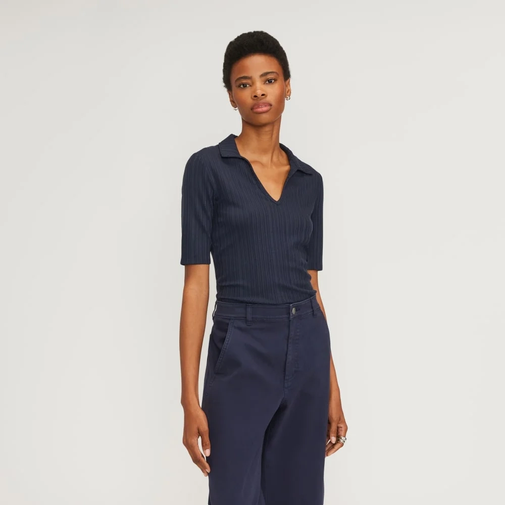 The Rib Soft Knit Open Collar Polo | Navy
