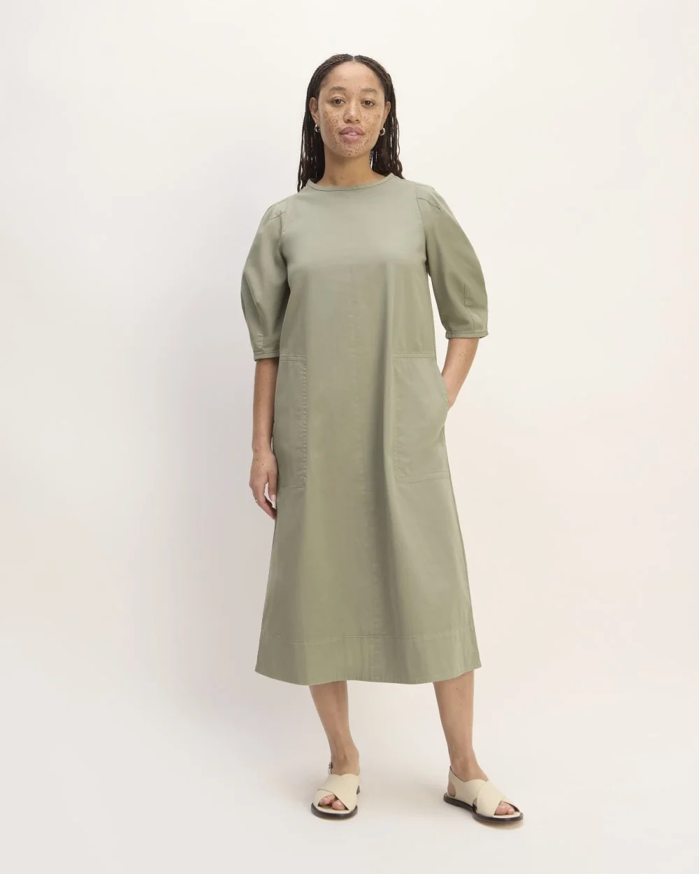 The Short-Sleeve Puff Midi Dress | Sage Green