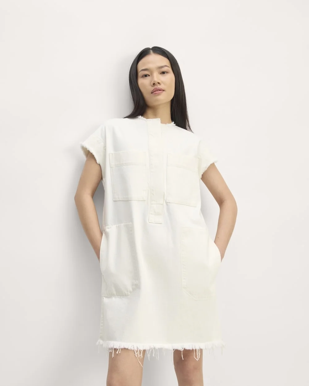 The Denim Workwear Shirtdress | Frayed Hem Bone (2)