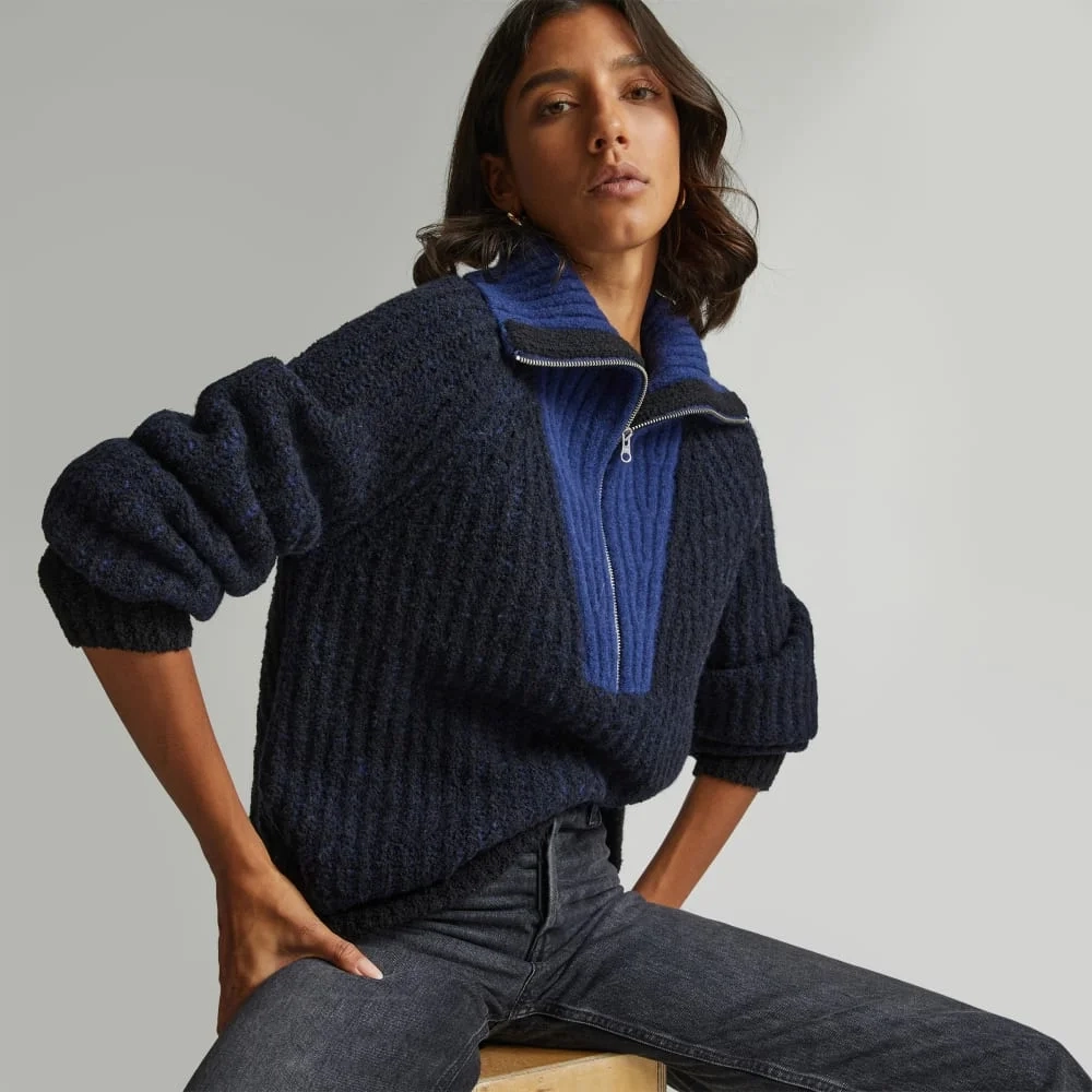 The Luxe Teddy Oversized Half Zip Sweater | Black / Ocean Cavern (3)