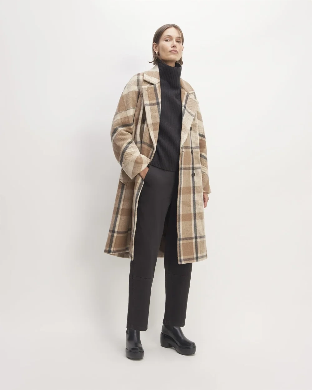 The Italian ReWool® Long Peacoat | Heathered Charcoal / Cornstalk / Toasted Coco