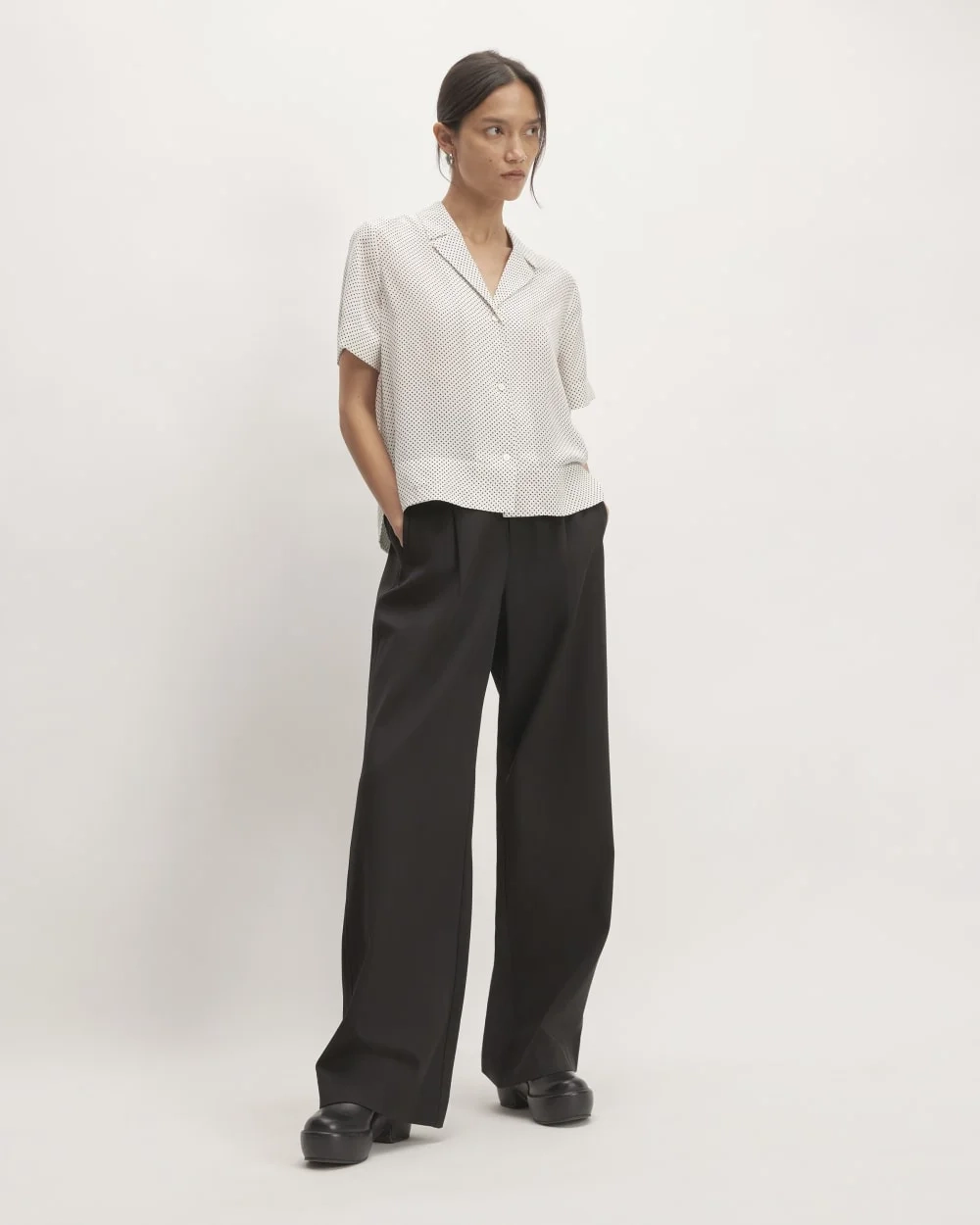 The Notch Shirt in Washable Silk | Bone / Black Polka Dot (2)