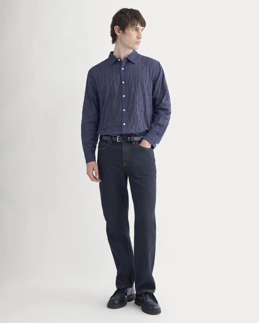 Textured Voile Button-Up Shirt | Navy Plaid (2)