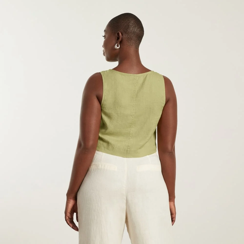 The Linen Button-Front Crop Tank | Leek (3)