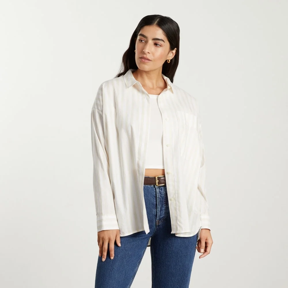 The Oversized Silky Cotton Shirt | Sand / White (4)