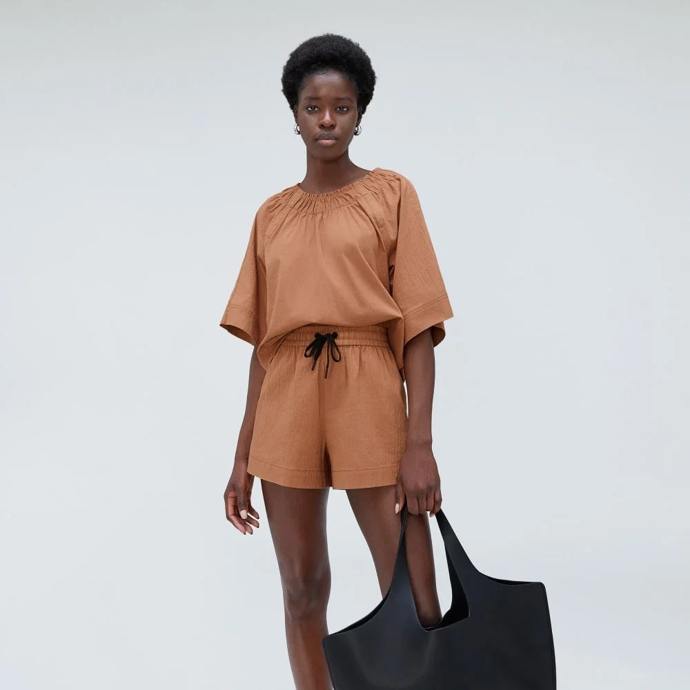 The Seersucker Gathered Tee | Tawny Brown (2)