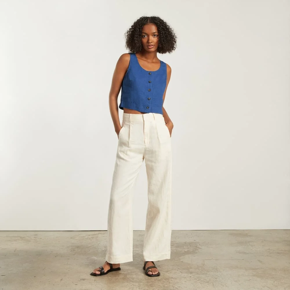 The Linen Button-Front Crop Tank | Deep Blue (2)