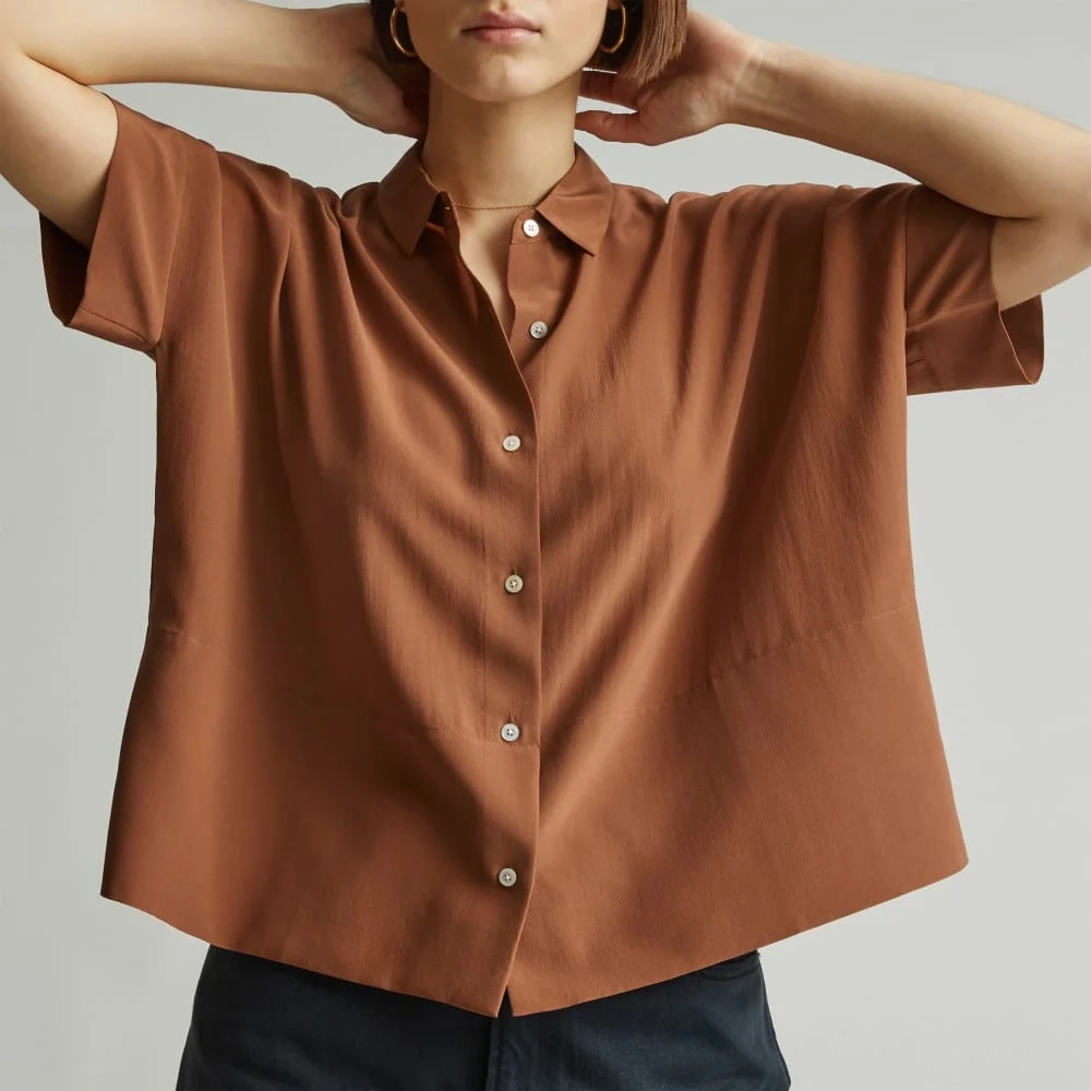 The Boxy Shirt in Washable Silk | Carob Brown (2)