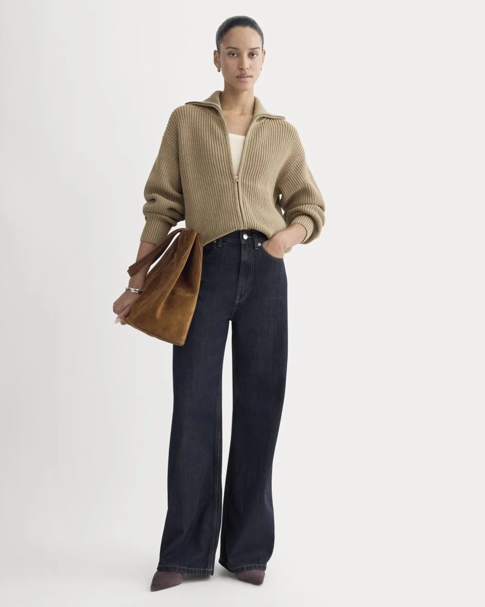 The Full-Zip Sweater in Everyday Cotton | Dark Heathered Camel (3)