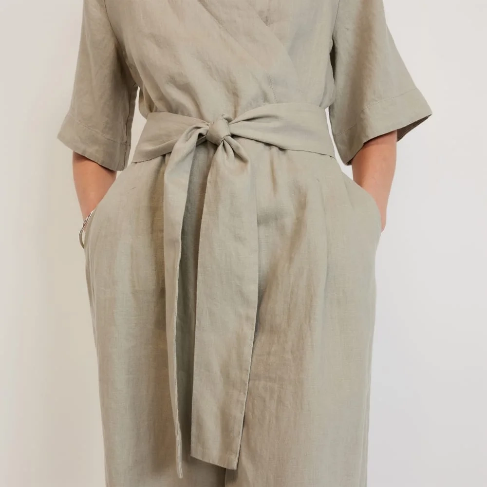 The Wrap Jumpsuit in Linen | Seagrass (2)