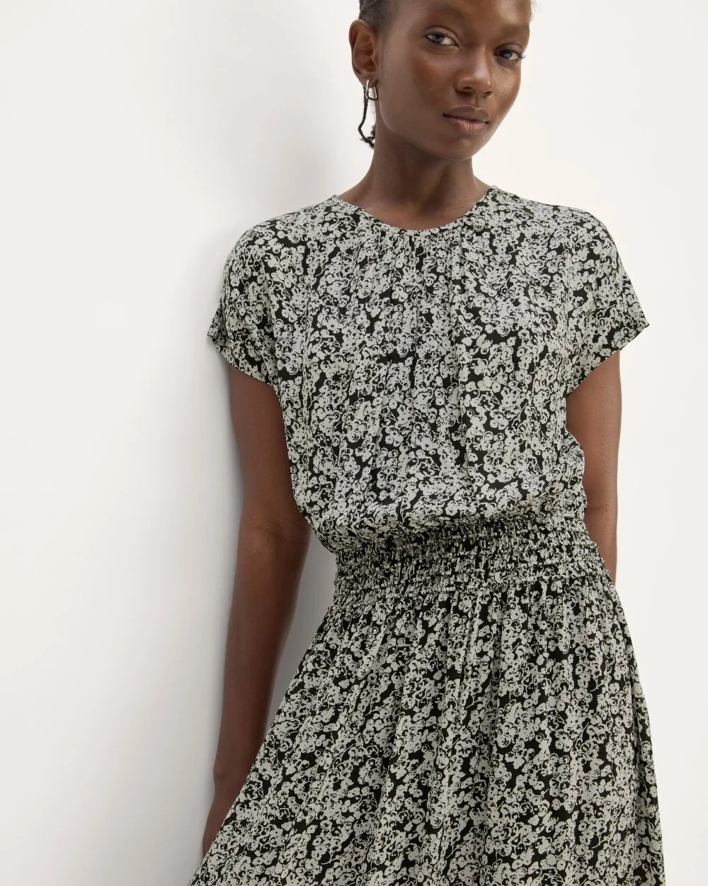 The Gathered Midi Dress | Black / Bone Mini Floral