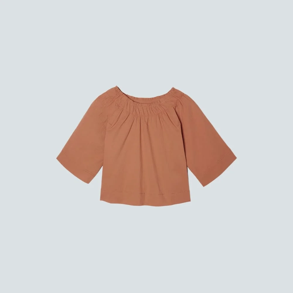 The Seersucker Gathered Tee | Tawny Brown (3)