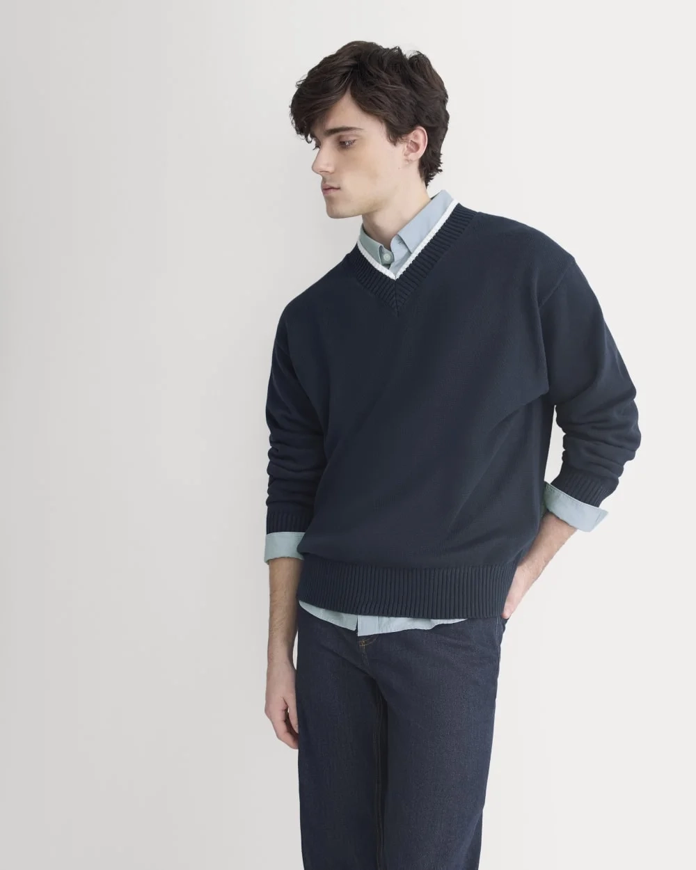 Relaxed V-Neck Sweater in Everyday Cotton | Deep Navy (3)