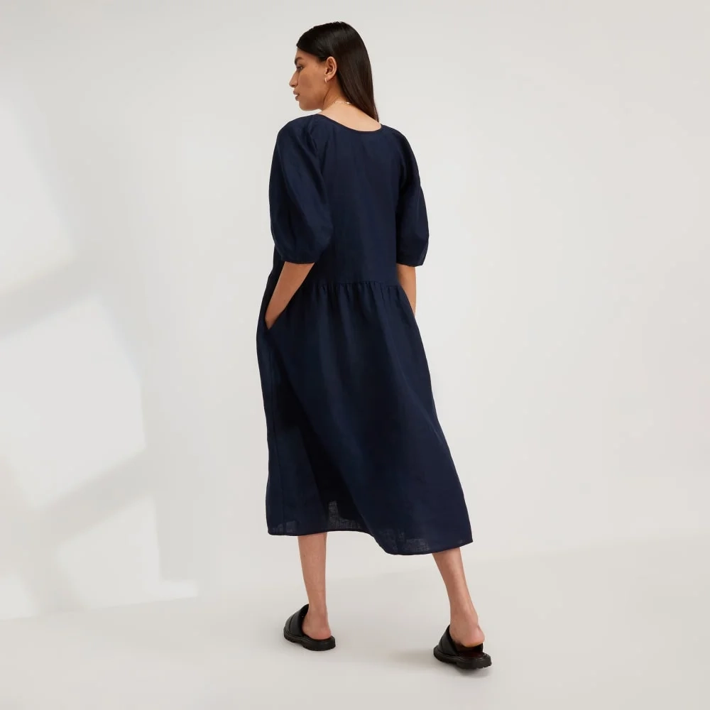 The Linen Oversized Puff-Sleeve Dress | Navy (2)