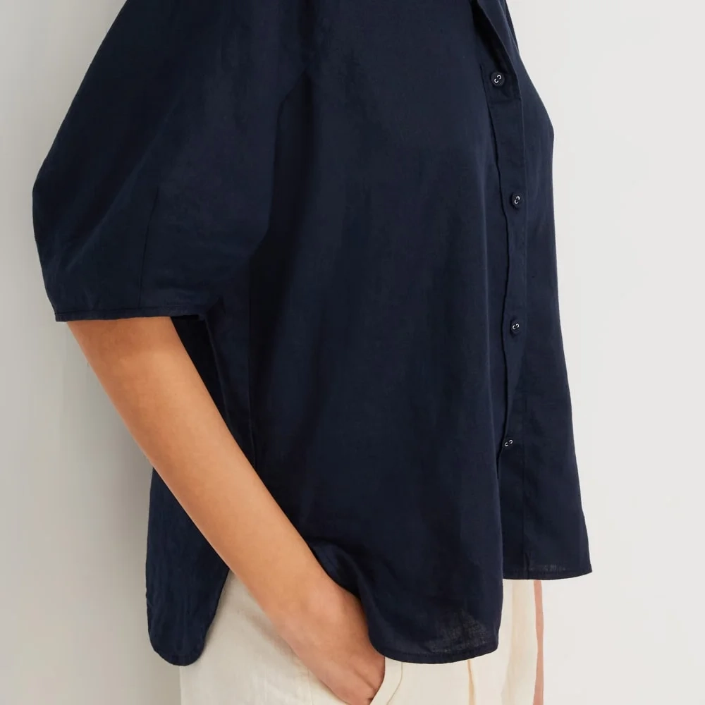 The Linen Puff Sleeve Shirt | Navy (3)