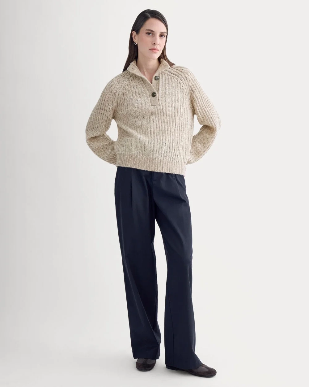Funnel-Neck Ribbed Henley Sweater | Heathered Almond / Bone Vertical Stripe (4)
