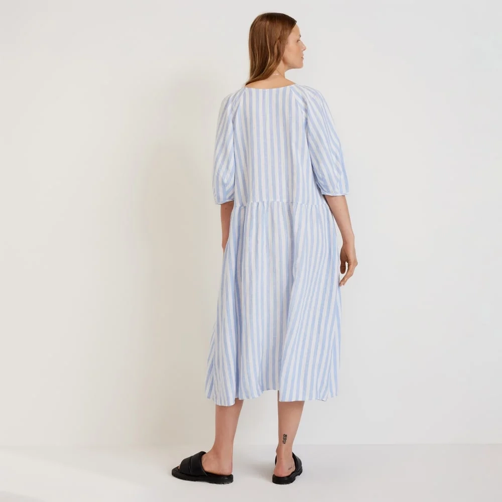 The Linen Oversized Puff-Sleeve Dress | Blue / White (2)