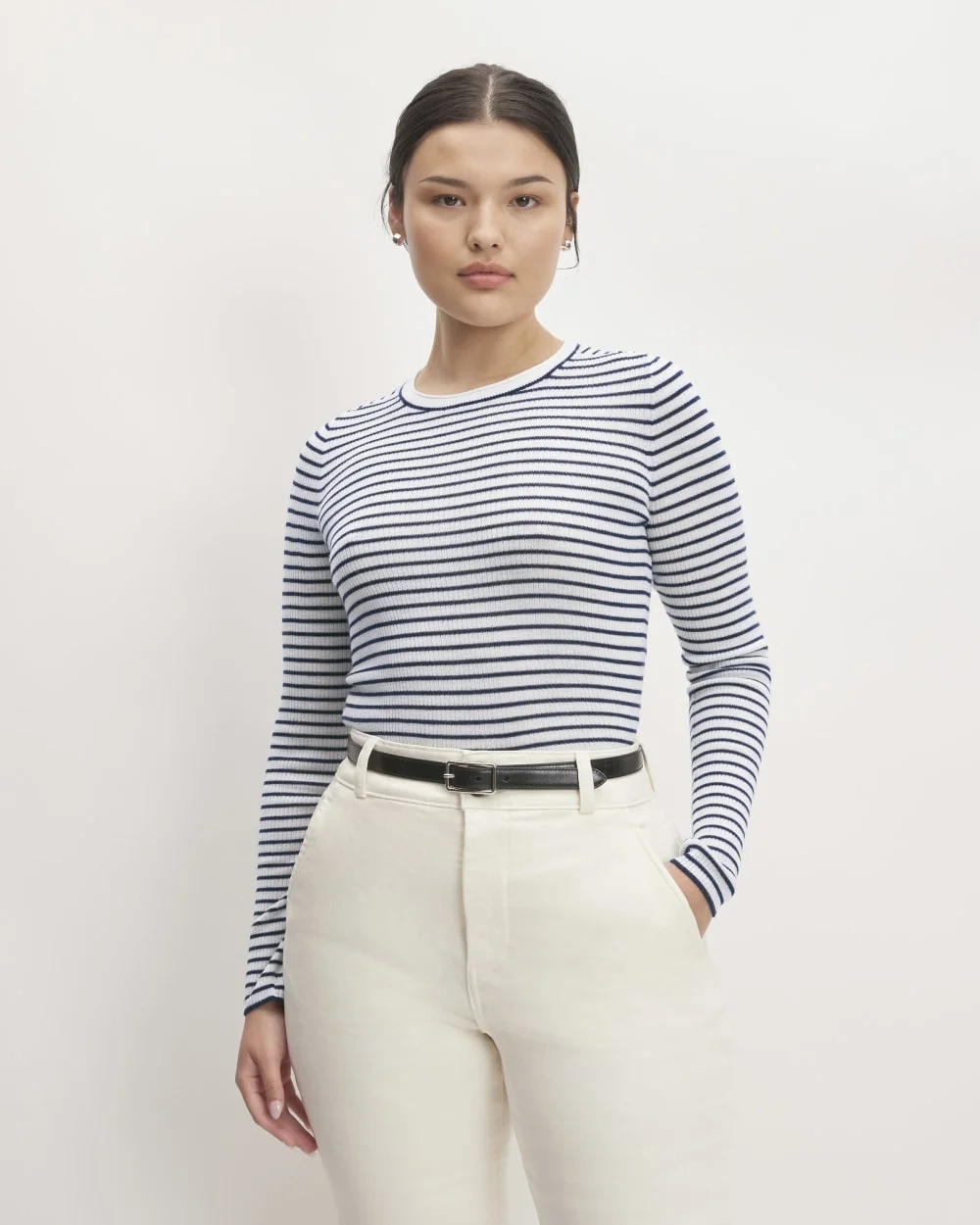 The Long-Sleeve Sweater Tee in Ultrasoft Merino | Bone/Navy