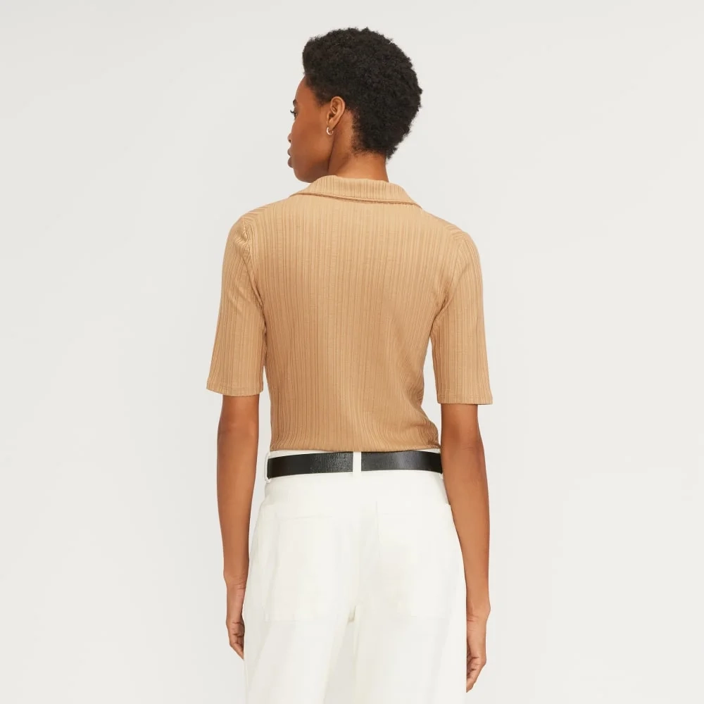 The Rib Soft Knit Open Collar Polo | Caramel (2)
