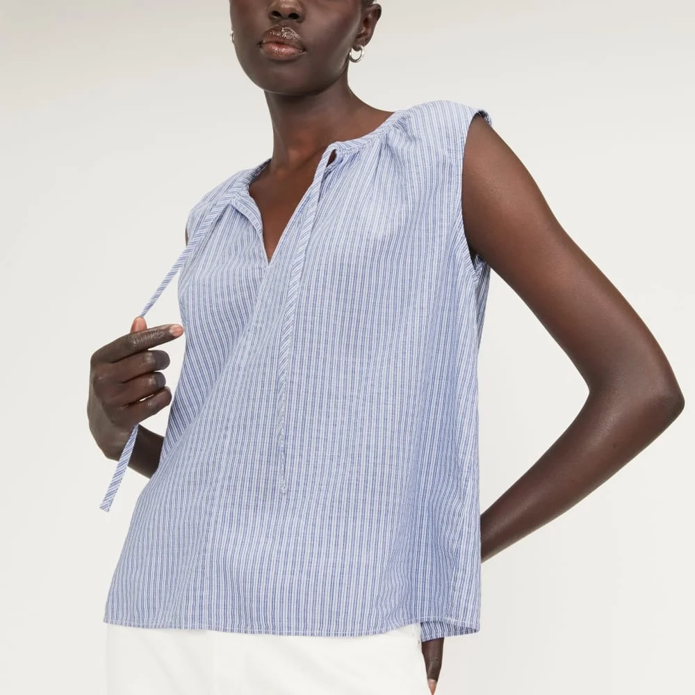 The Gathered Tie-Front Top | Mazarine Blue / Optic White (2)