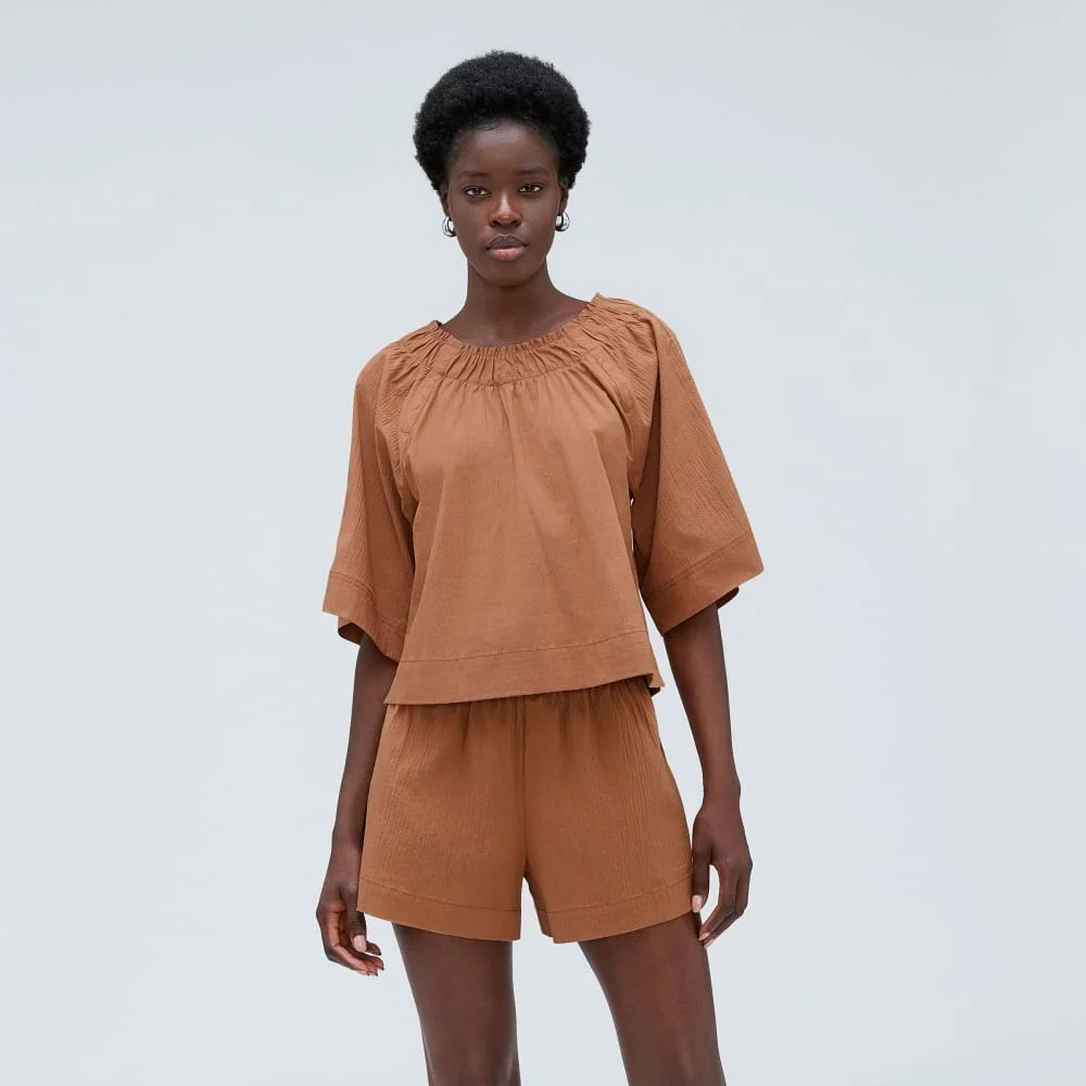 The Seersucker Gathered Tee | Tawny Brown