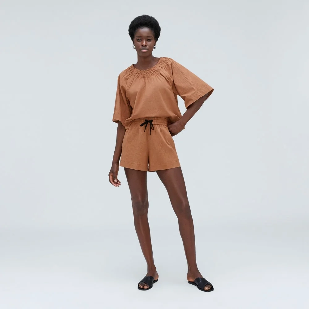 The Seersucker Gathered Tee | Tawny Brown (4)