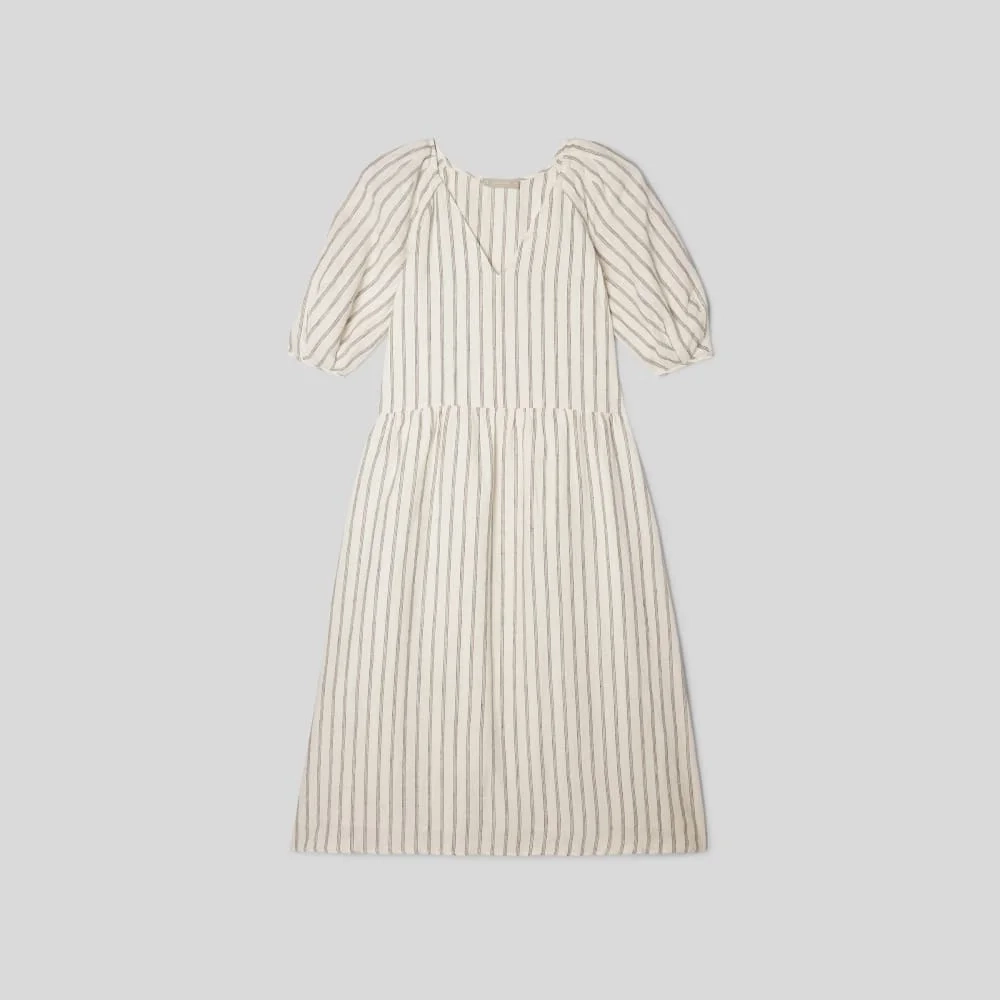 The Linen Oversized Puff-Sleeve Dress | Black / Canvas Tan (3)