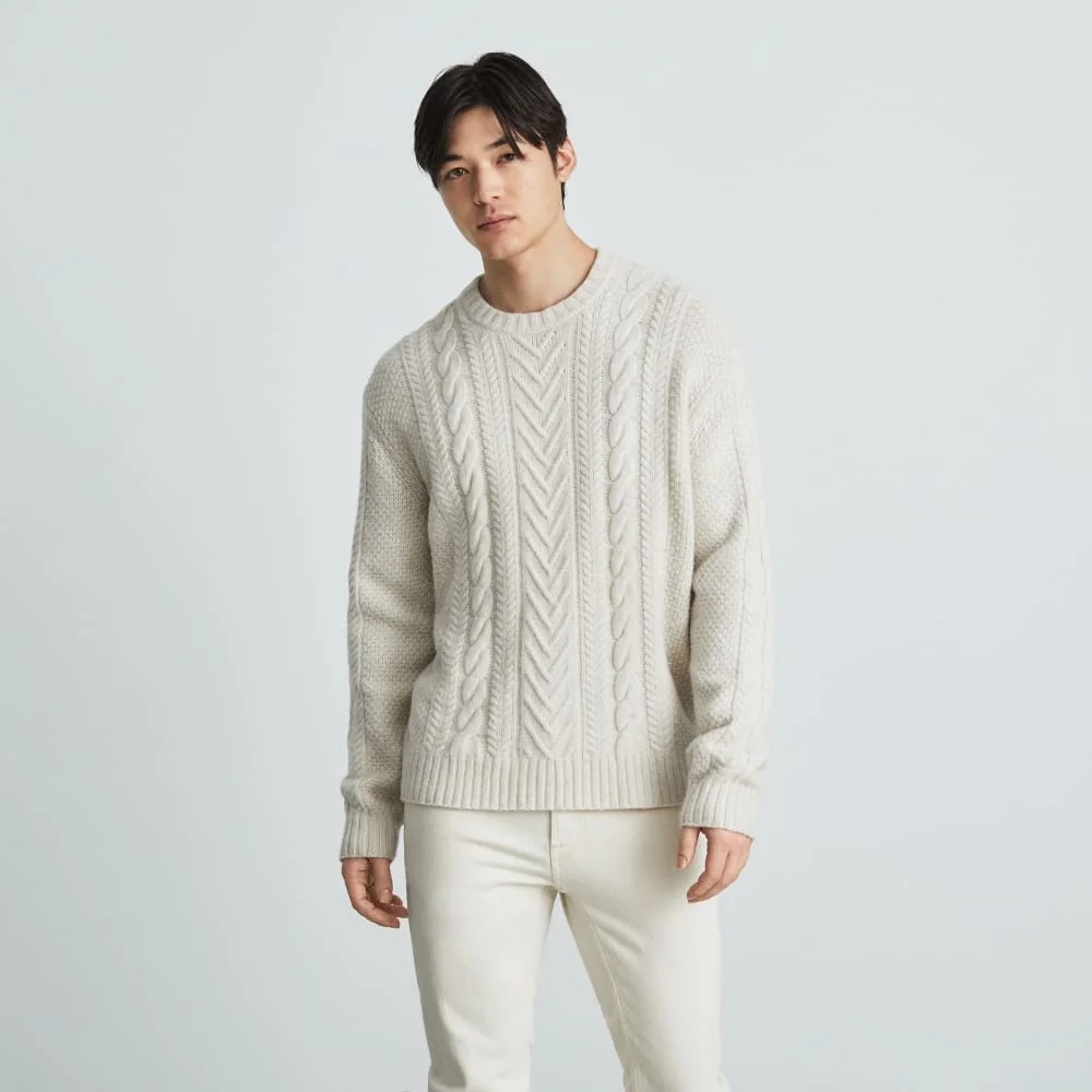 The Felted Merino Cable-Knit Crew | Heathered Oat (2)