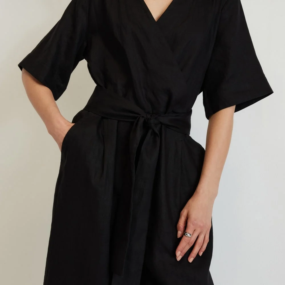 The Wrap Jumpsuit in Linen | Black (2)