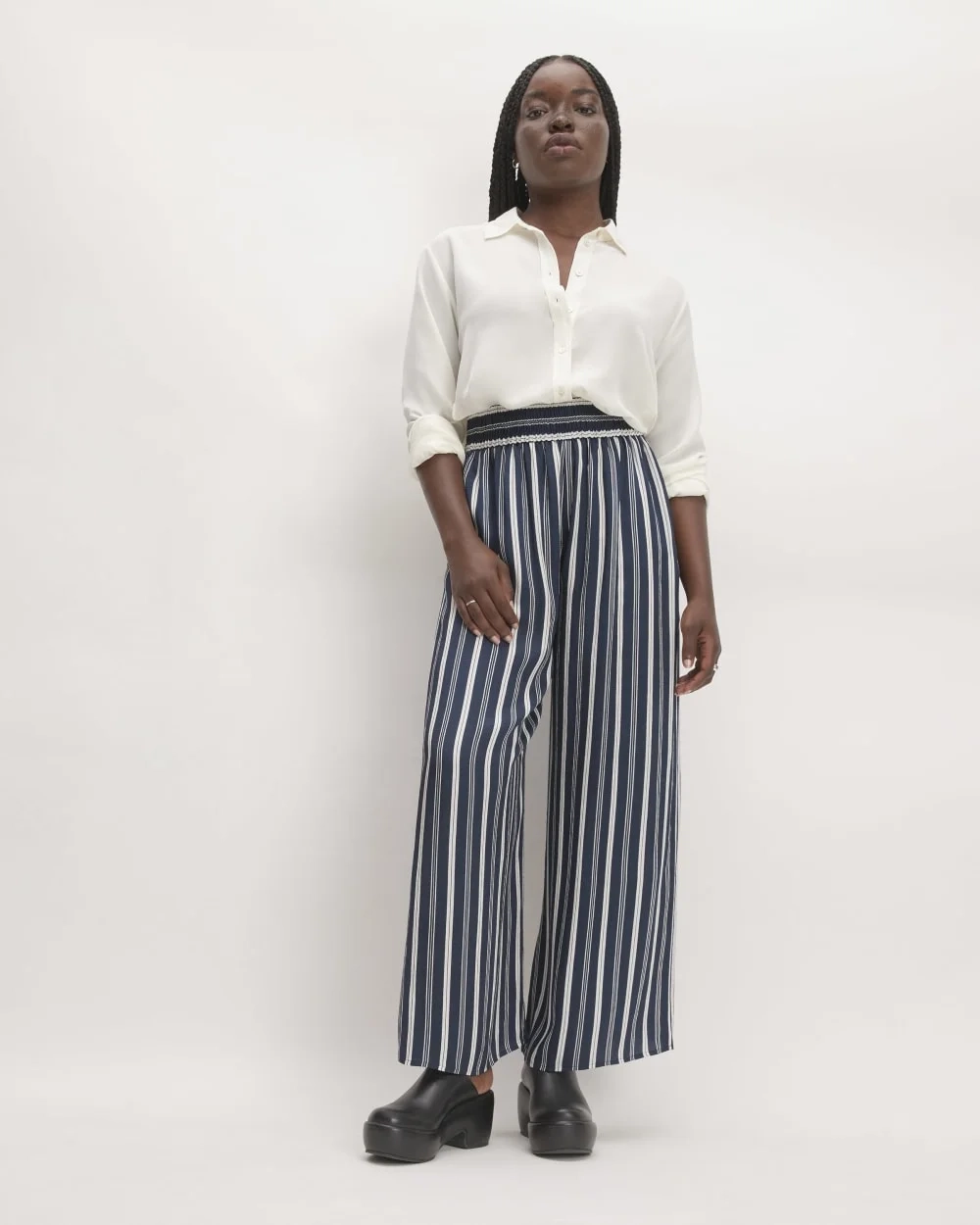 The Satin Pull-On Pant |  Navy / Bone (2)